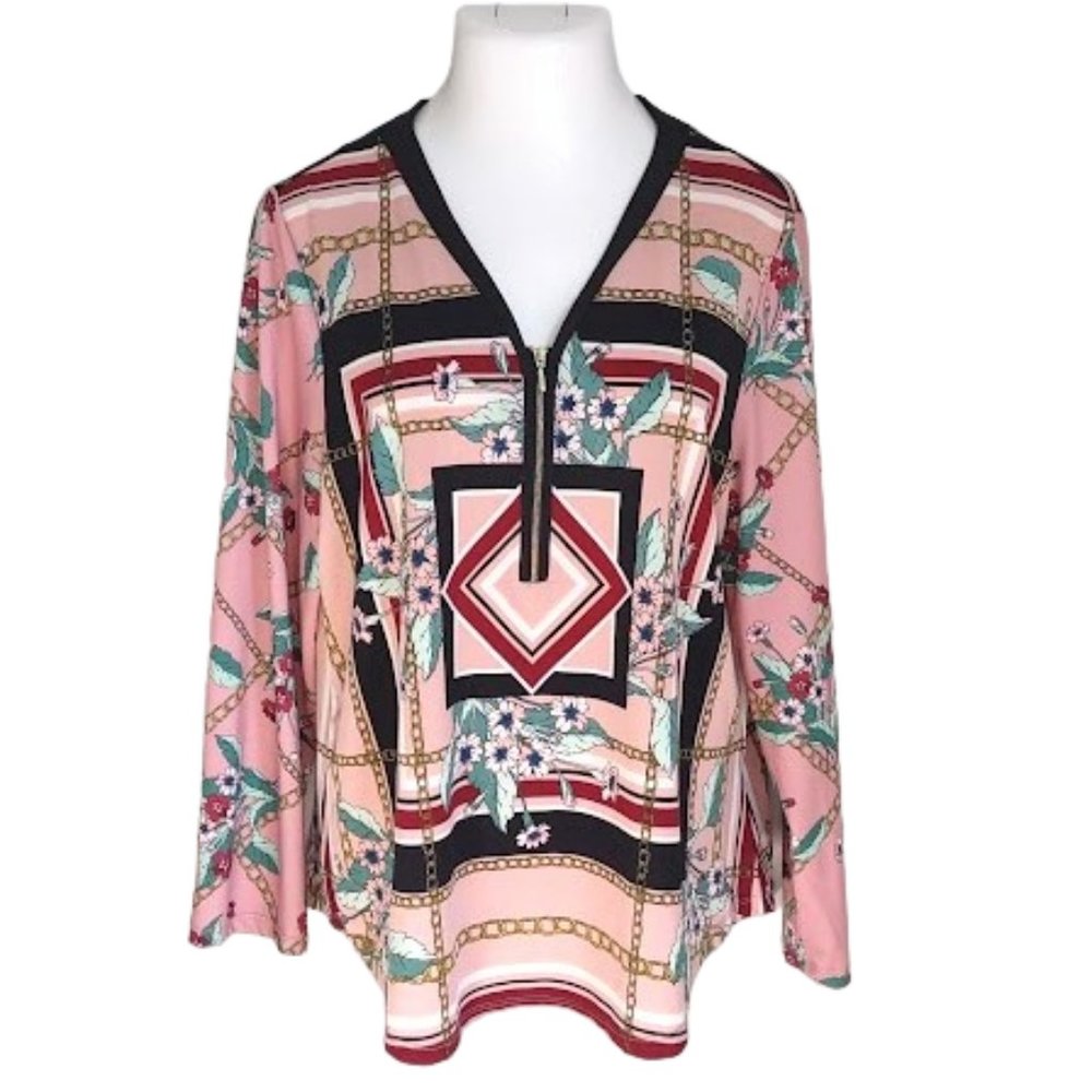Nanette Lepore Blouse Top Pink Black Floral Chain Print V-Neck XL